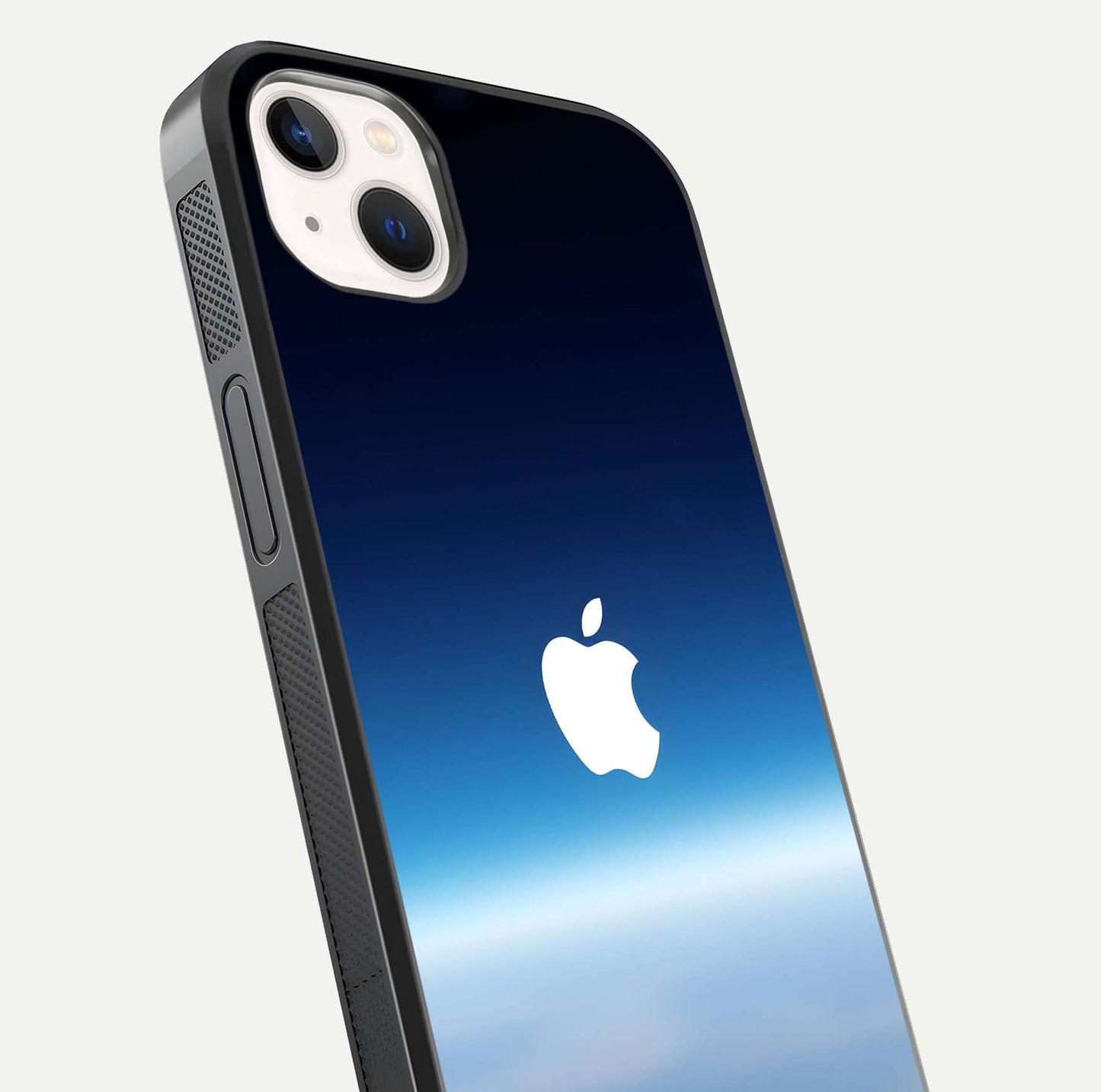 Minimal Apple Sky Glass Case for iPhone 14 Plus close-up angled shot showing pastel blue hues and reflection
