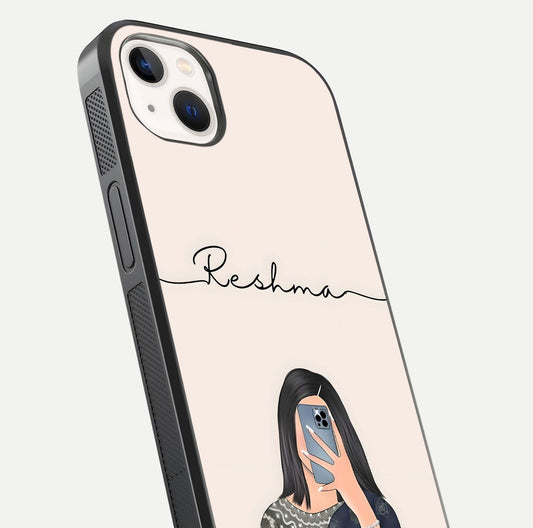 Mirror Mood Muse Custom Name Glass Case for iPhone 14 Plus close-up angled shot highlighting gloss and mirror depth