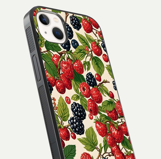 Mixed Berry Collage Glass Case for iPhone 14 Plus close-up angled shot showing fruit detail and reflection glow