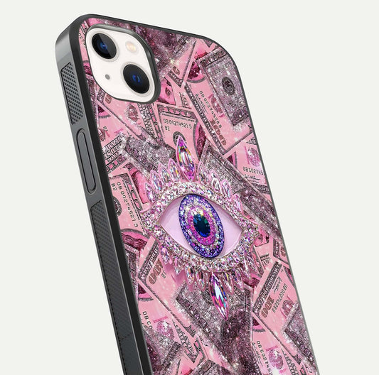 Money Eye Luxe Glass Case for iPhone 14 Plus close-up angled shot showing gold detailing and reflection shine