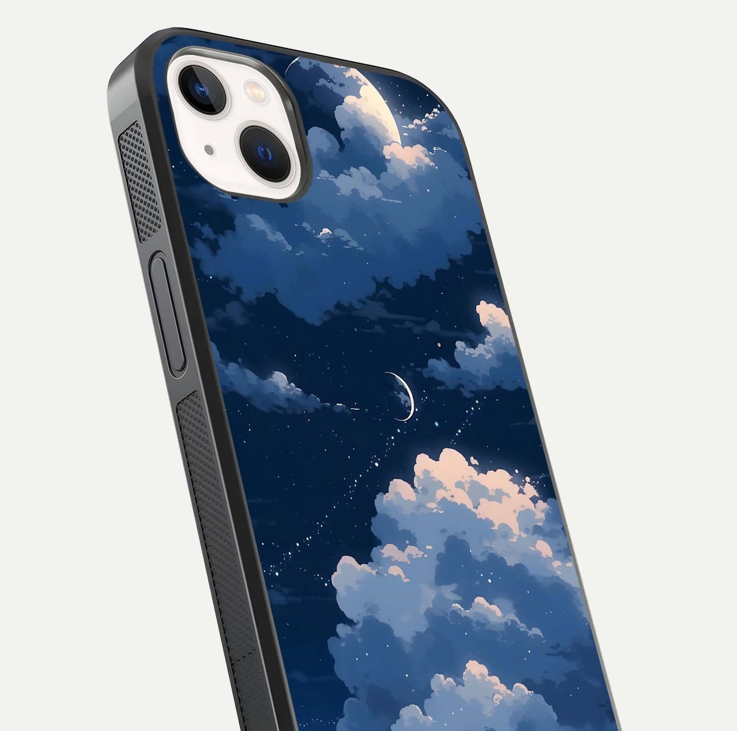 Moon Dream Haze Glass Case for iPhone 14 Plus close-up angled shot showing moon reflection and subtle glow