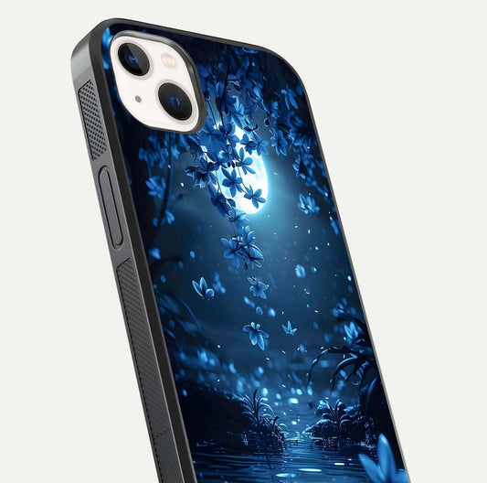 Moonlight Petal Dream Glass Case for iPhone 14 Plus close-up angled shot showing petal reflection and glow texture