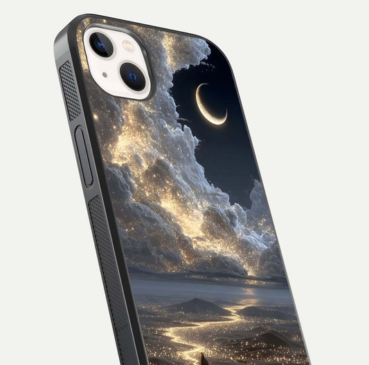 Moonlight Spark Path Glass Case for iPhone 14 Plus close-up angled shot showing glowing stars and reflection