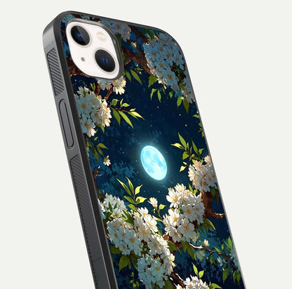 Moonlit Blossom Dream Glass Case for iPhone 14 Plus close-up angled shot showing glowing petals and reflection