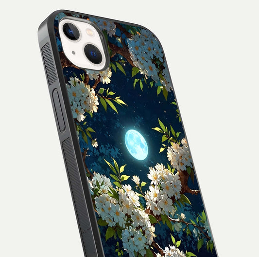 Moonlit Blossom Dream Glass Case for iPhone 14 Plus close-up angled shot showing glowing petals and reflection