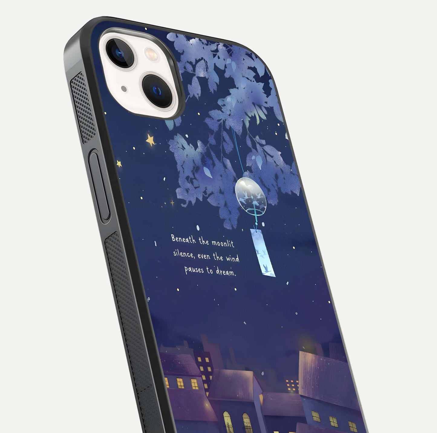 Moonlit Cat Silence Glass Case for iPhone 14 Plus close-up angled shot showing soft glow and reflection texture