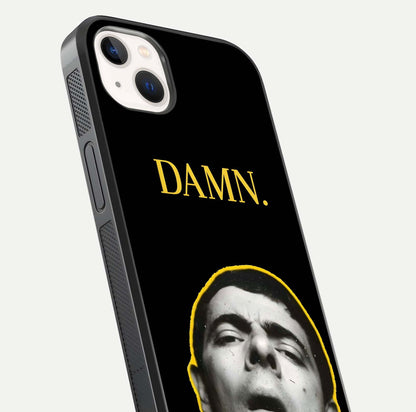 Mr Bean Damn Glass Case for iPhone 14 Plus close-up angled shot highlighting comic expression and shine detail