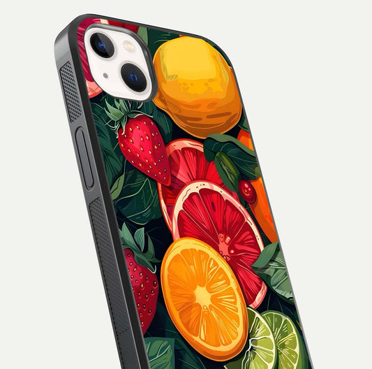Multiple Fruits Glass Case for iPhone 14 Plus close-up angled shot showing fruit texture and HD gloss shine