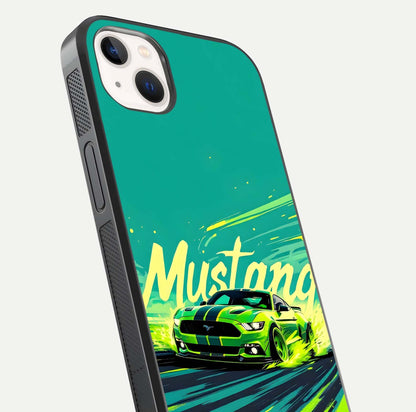 Mustang Bang Glass Case for iPhone 14 Plus close-up angled shot showing car emblem and HD reflection