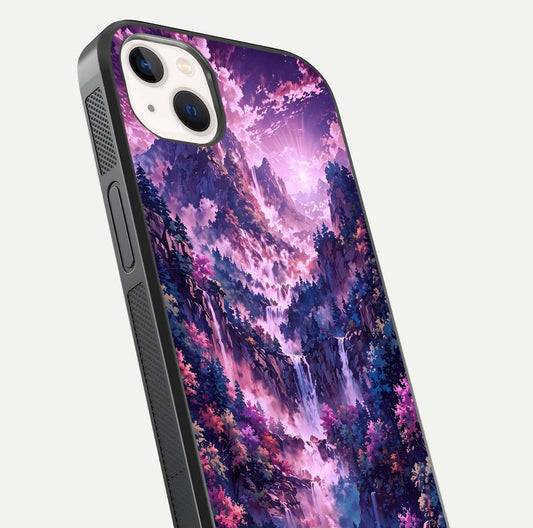 Mystic Cascade Peaks Glass Case for iPhone 14 Plus close-up angled shot showing peak reflections and color gradient