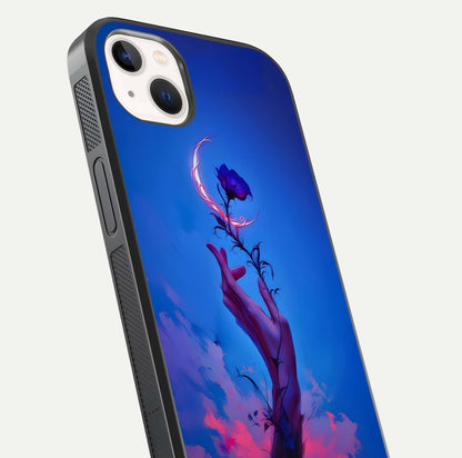 Mystic Hand Glass Case for iPhone 14 Plus close-up angled shot showing spiritual markings and reflection