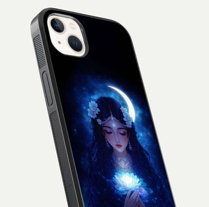 Mystic Moon Queen Glass Case for iPhone 14 Plus close-up angled shot showing shine and lunar tones
