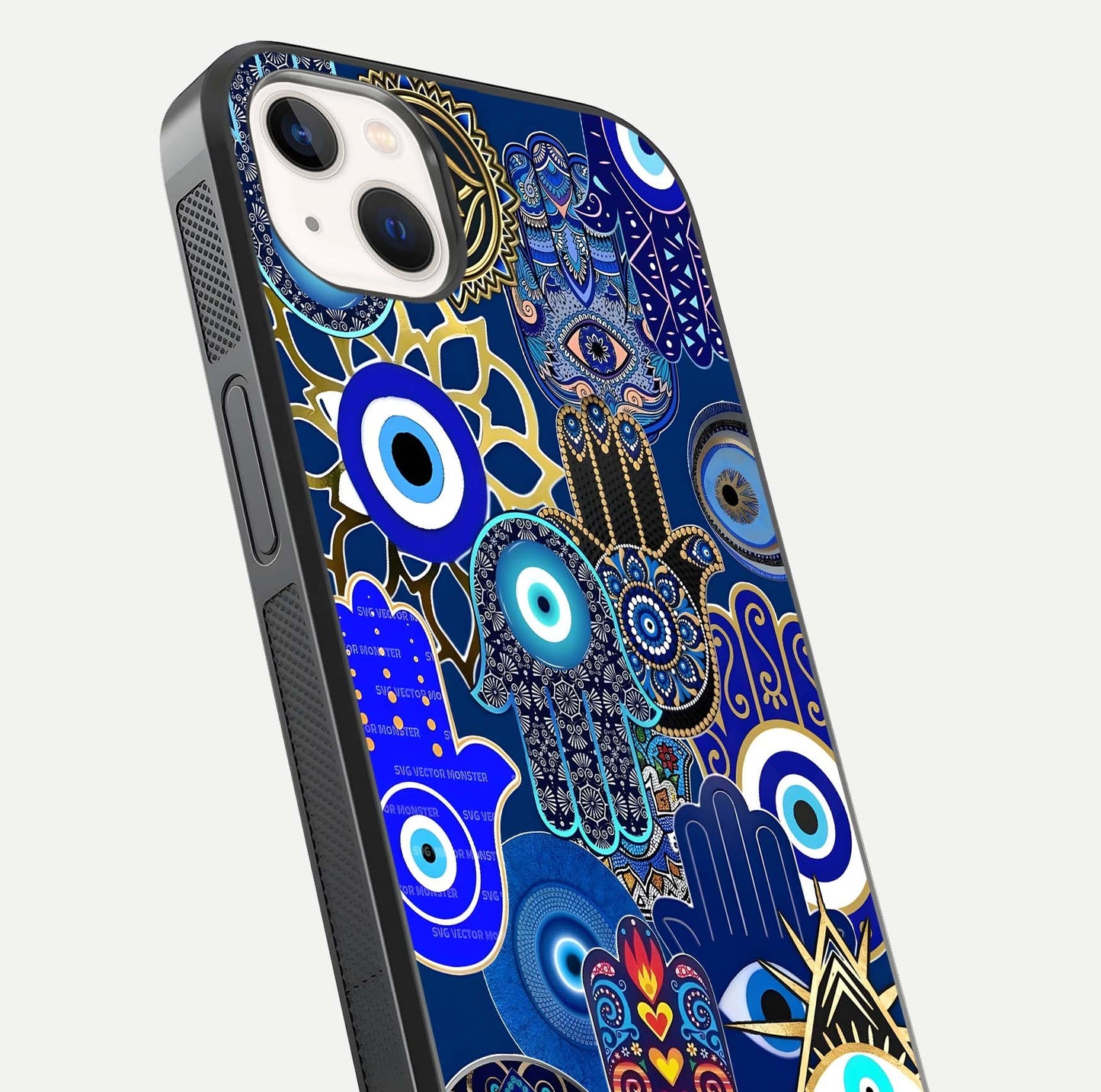 Mystic Palm Guard Glass Case for iPhone 14 Plus close-up angled shot showing eye symbol and fine texture