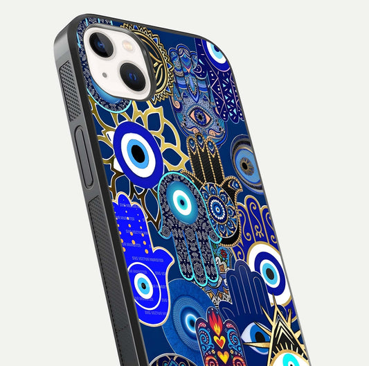 Mystic Palm Guard Glass Case for iPhone 14 Plus close-up angled shot showing eye symbol and fine texture