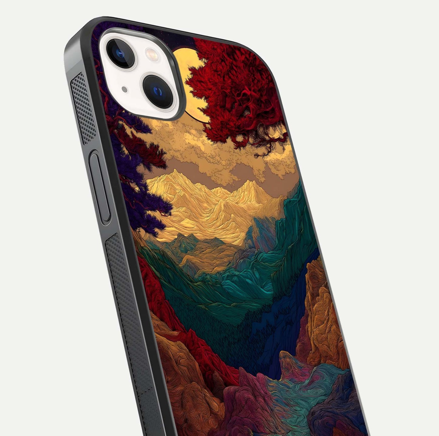 Mystic Valley Light Glass Case for iPhone 14 Plus close-up angled shot highlighting gradient sky and reflection