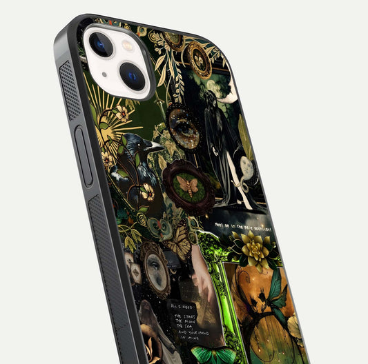 Mystic Woods Secret Glass Case for iPhone 14 Plus close-up angled shot highlighting tree texture and reflection