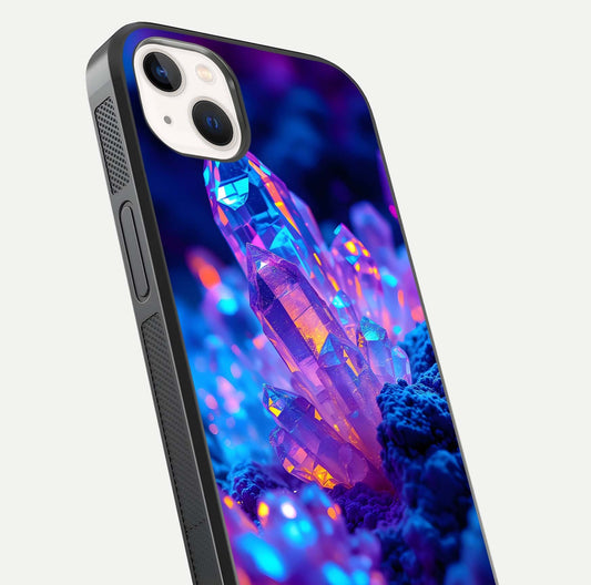 Neon Aura Shards Glass Case for iPhone 14 Plus close-up angled shot highlighting fragment pattern and reflection