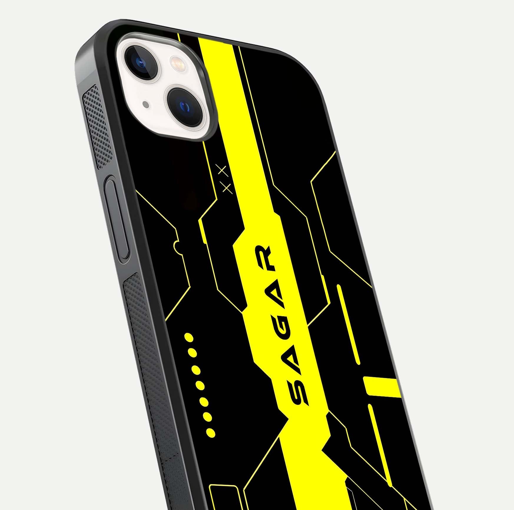 Neon CYBERPUNK Custom Name Glass Case for iPhone 14 Plus close-up angled shot highlighting electric colors and reflection
