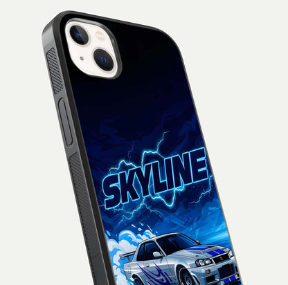 Neon Drift Beast Glass Case for iPhone 14 Plus close-up angled shot highlighting glowing streaks and vivid reflection