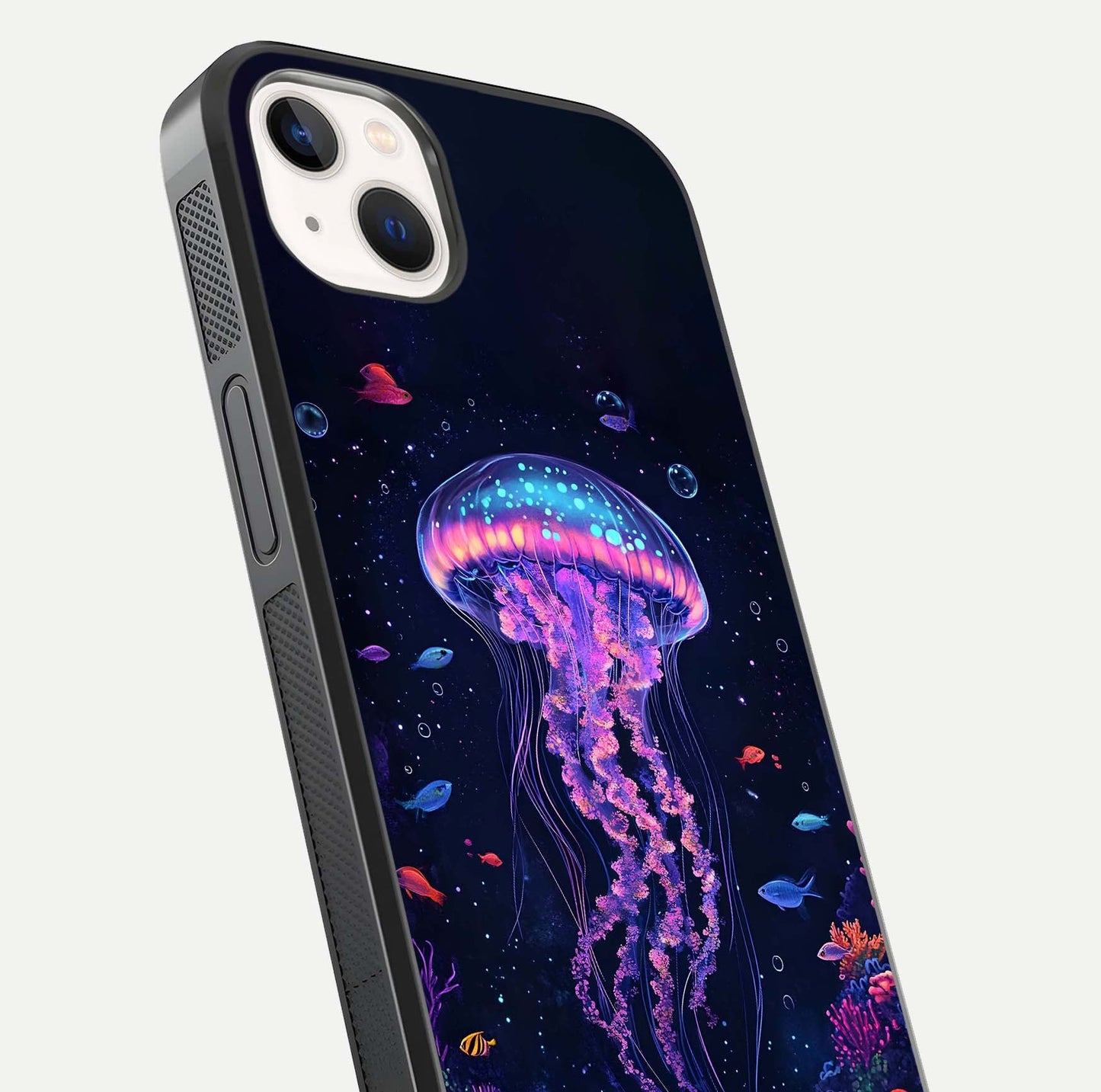 Neon Jellyfish Glass Case for iPhone 14 Plus close-up angled shot showing translucent jellyfish and shine reflection