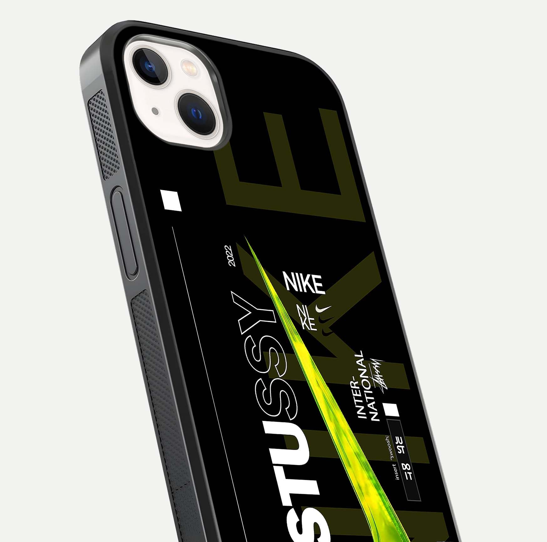 Neon Street Edition Glass Case for iPhone 14 Plus close-up angled shot showing urban neon lights and shine