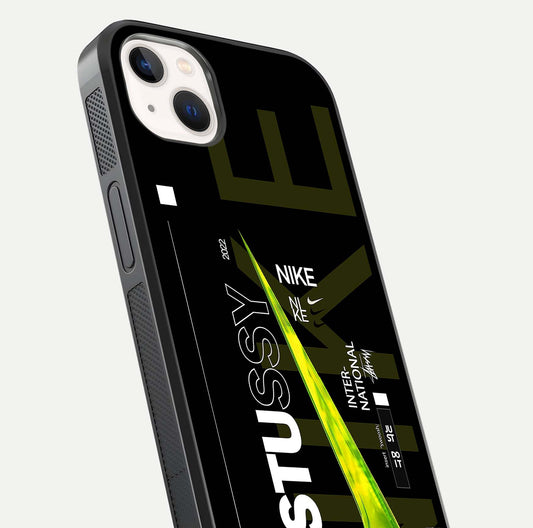 Neon Street Edition Glass Case for iPhone 14 Plus close-up angled shot showing urban neon lights and shine