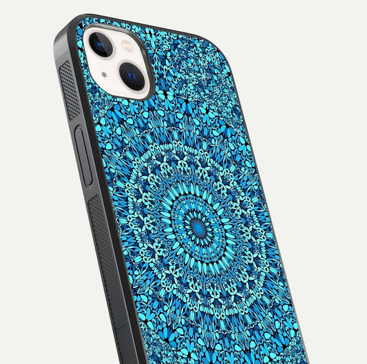 Ocean Bloom Mandala Glass Case for iPhone 14 Plus close-up angled shot highlighting detailed mandala and reflection