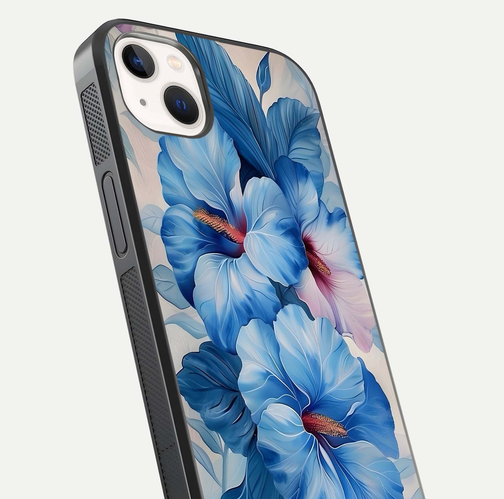 Ocean Hibiscus Grace Glass Case for iPhone 14 Plus close-up angled shot highlighting floral glow and HD shine