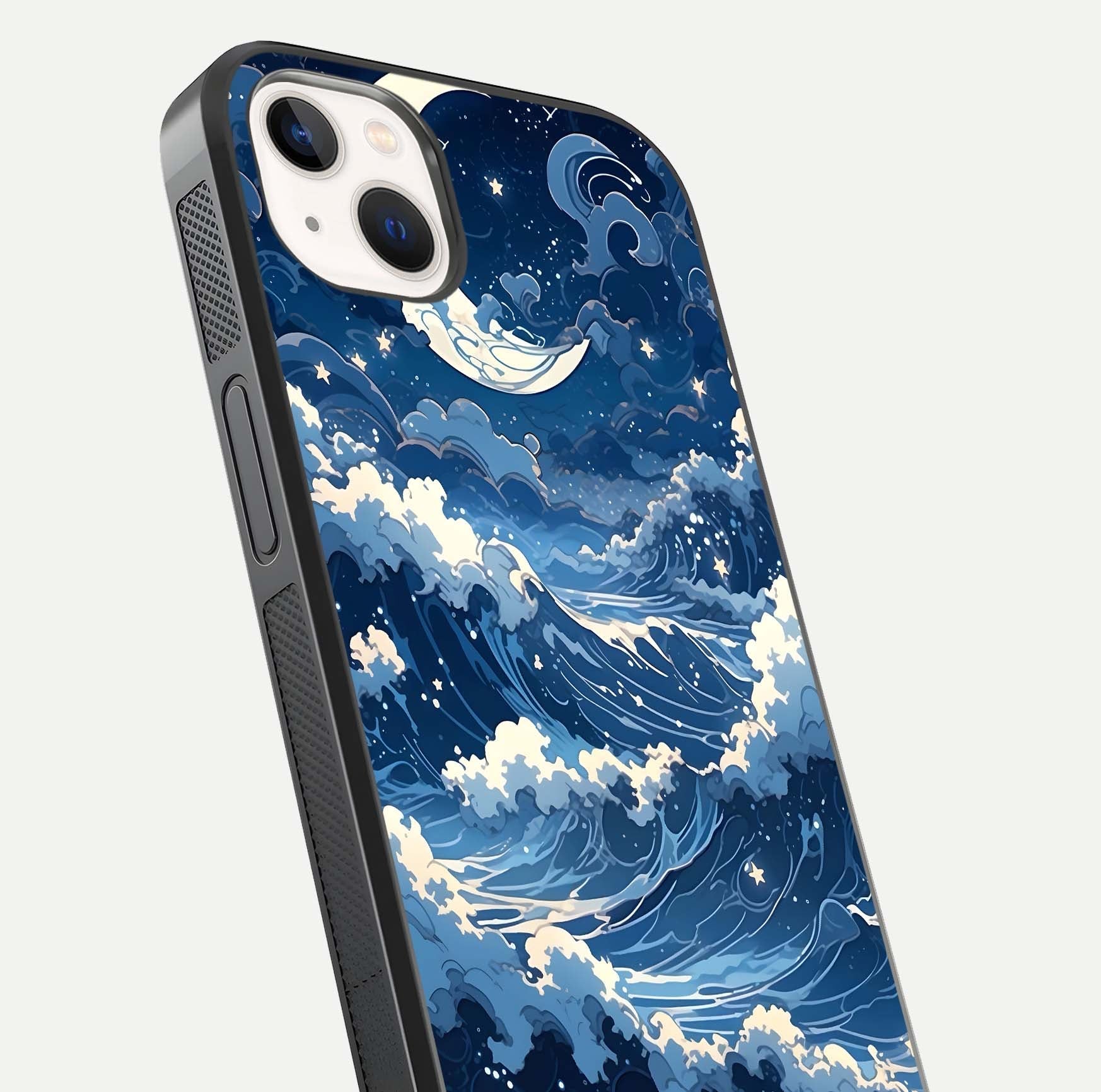 Ocean Moon Waves Glass Case for iPhone 14 Plus close-up angled shot showing HD reflection and calm tones