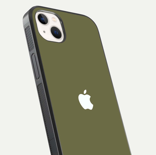 Olive Matte Essence Glass Case for iPhone 14 Plus close-up angled shot showing soft reflection and minimal finish