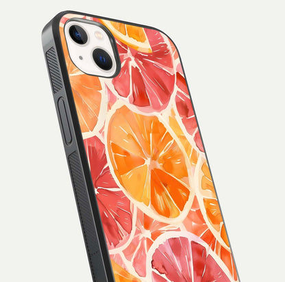 Orange Fruits Pattern Glass Case for iPhone 14 Plus close-up angled shot showing juicy fruit texture and reflection