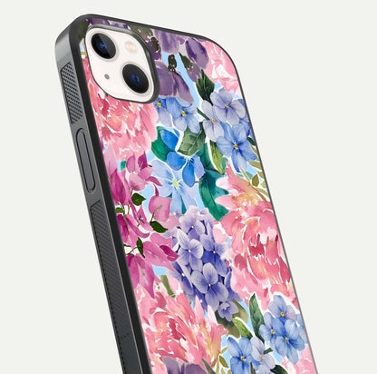 Pastel Floral Mix Glass Case for iPhone 14 Plus close-up angled shot highlighting flower detail and reflection