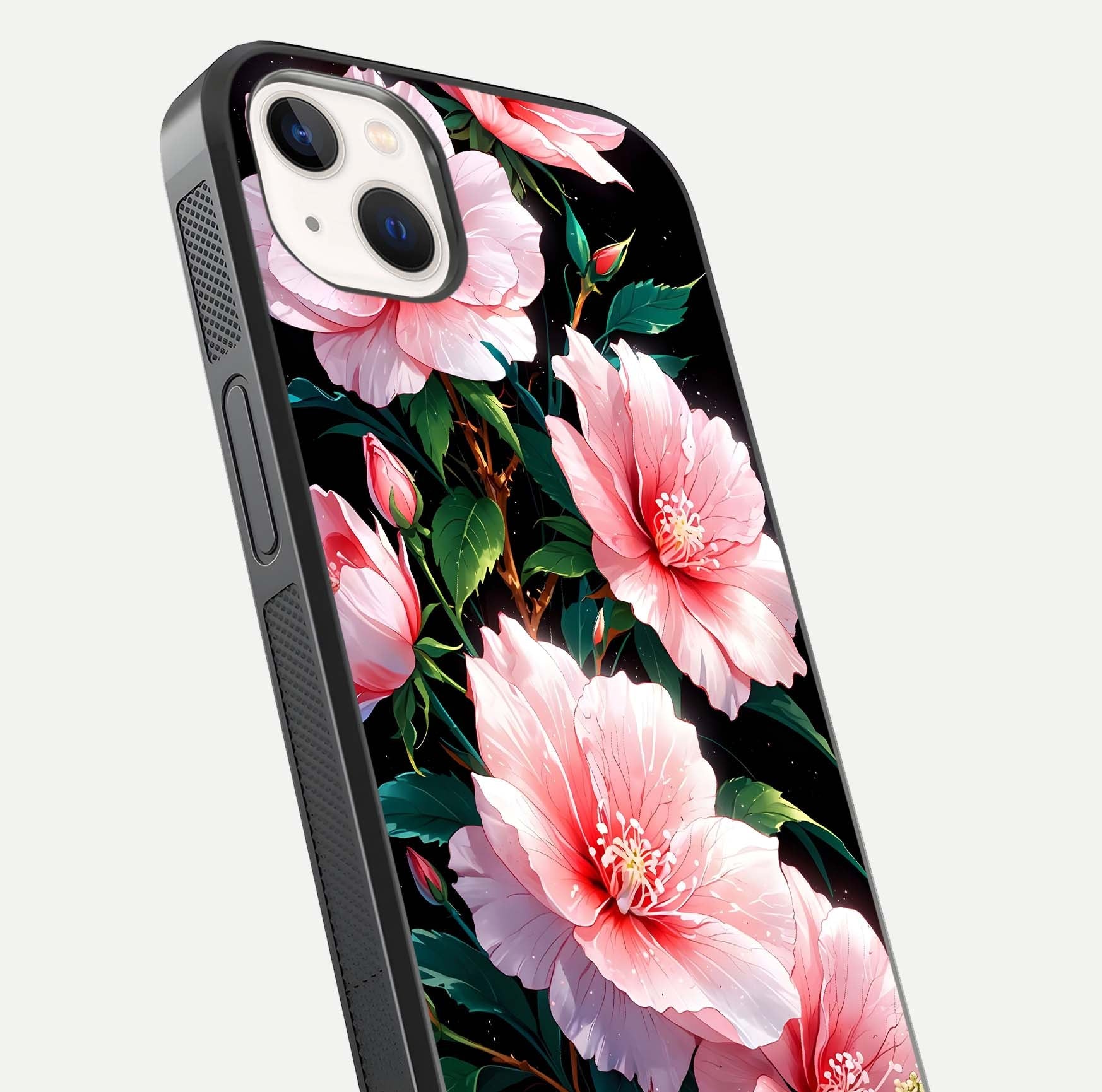 Peach Flower Glass Case for iPhone 14 Plus close-up angled shot highlighting floral petals and HD glass reflection
