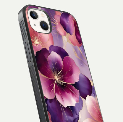 Pink Bouquet Florals Glass Case for iPhone 14 Plus close-up angled shot showing bouquet details and reflection