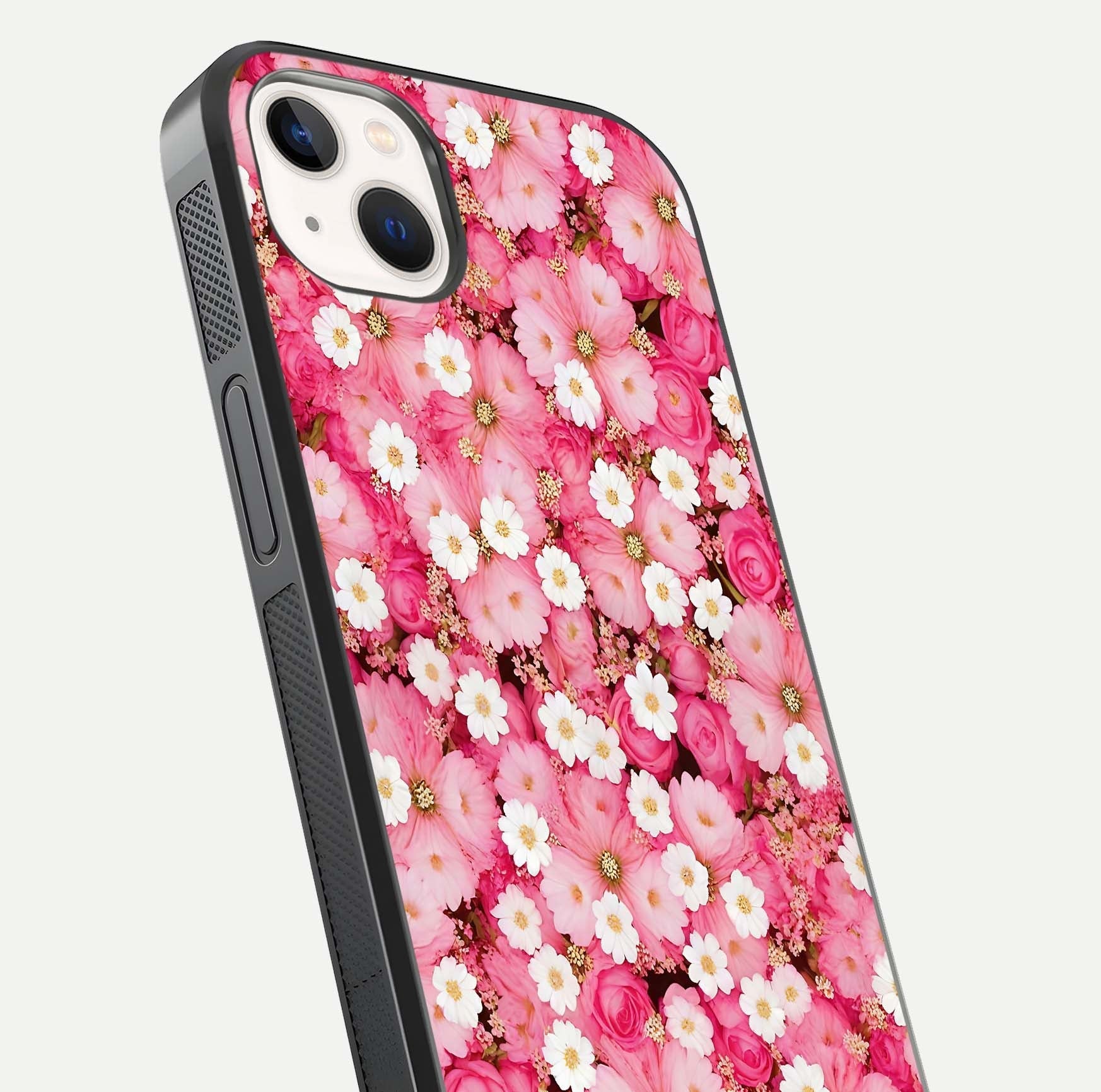 Pink Daisy Bliss Glass Case for iPhone 14 Plus close-up angled shot highlighting daisy detail and reflection glow