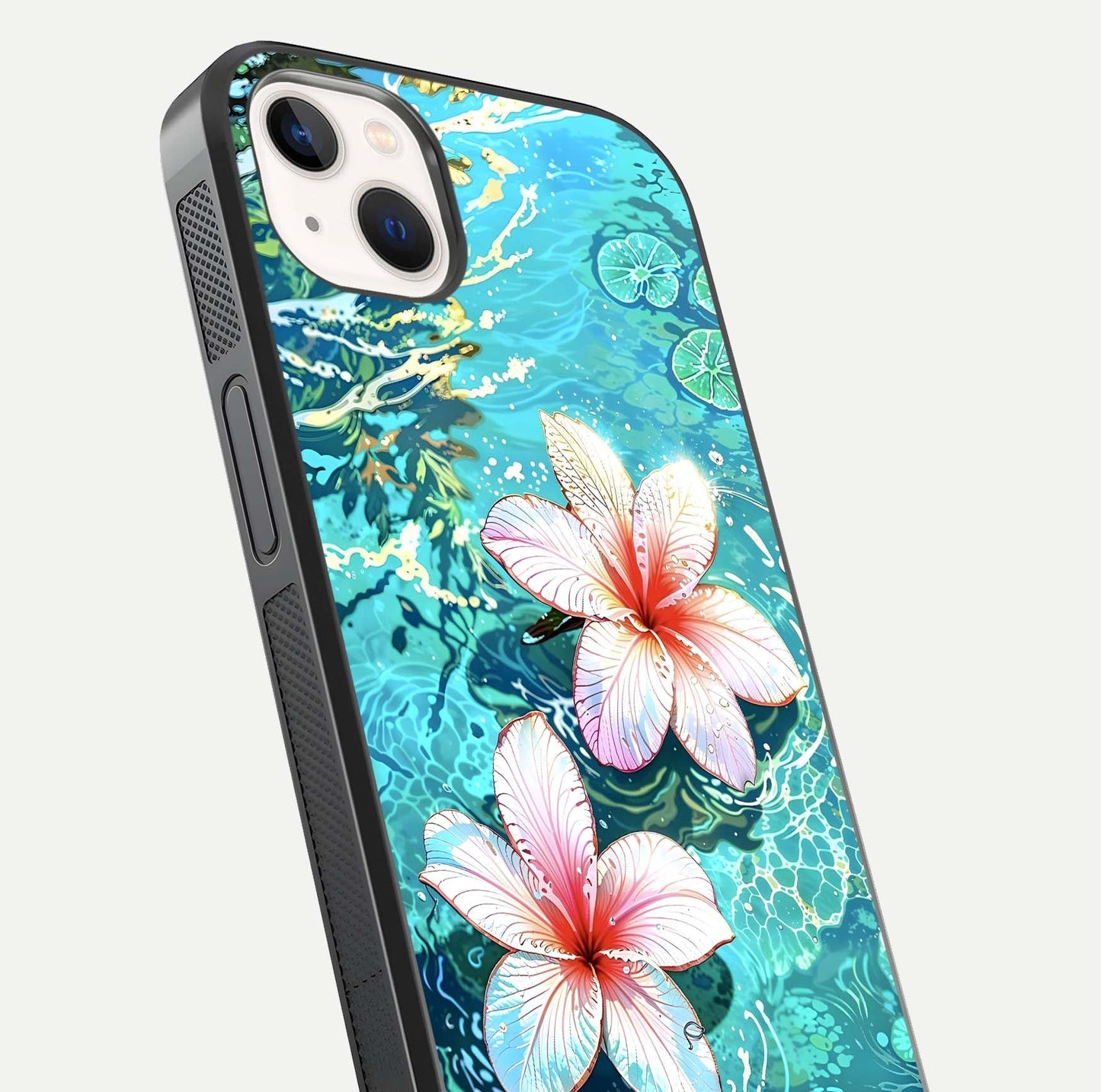 Pink Flowers in Water Glass Case for iPhone 14 Plus close-up angled shot highlighting water ripple and reflection