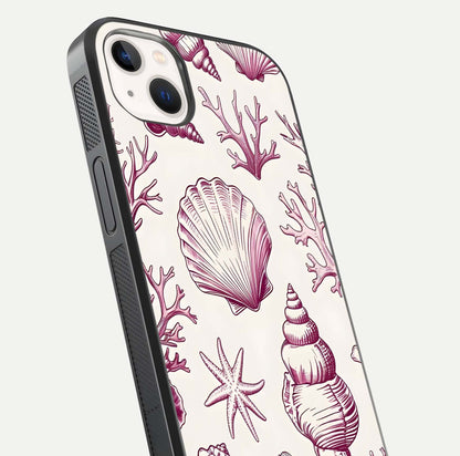 Pink Shells Outline Glass Case for iPhone 14 Plus close-up angled shot showing fine shell lines and reflection