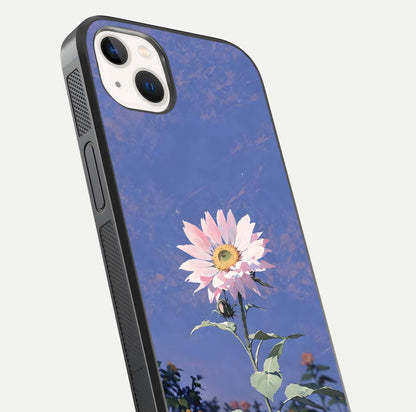 Pink Sunflower Glow Glass Case for iPhone 14 Plus close-up angled shot highlighting petal texture and reflection