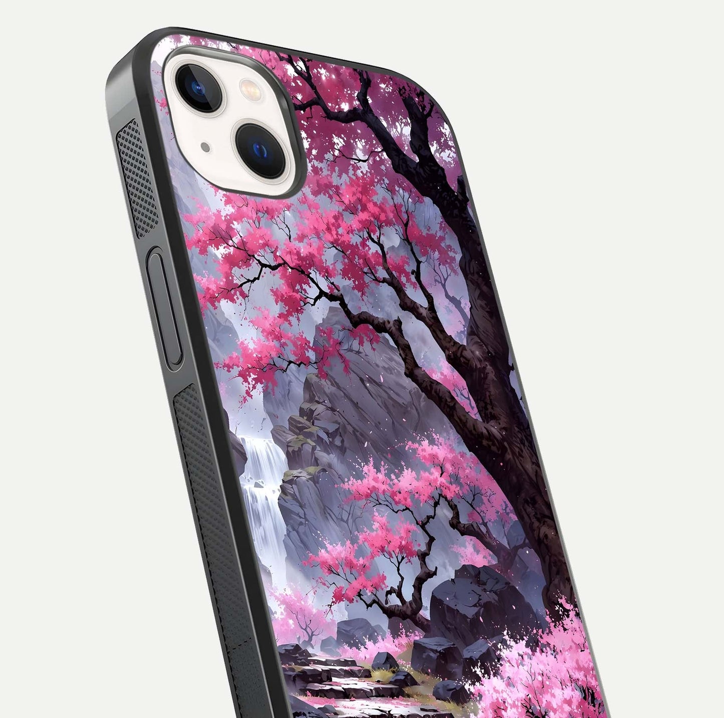 Pinkish Scenery Glass Case for iPhone 14 Plus close-up angled shot showing reflection and gradient color blend