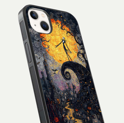 Pumpkin Moon Night Glass Case for iPhone 14 Plus close-up angled shot showing moon reflection and Halloween glow