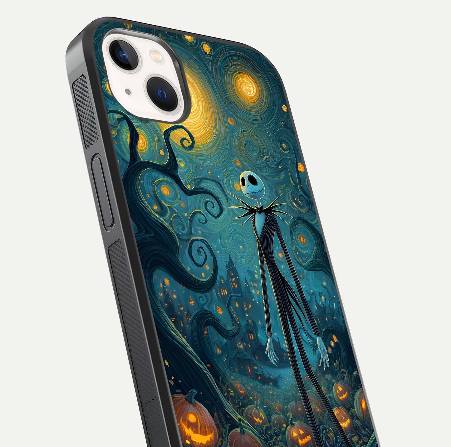 Pumpkin Moonlight Tale Glass Case for iPhone 14 Plus close-up angled shot highlighting reflection and vibrant glow