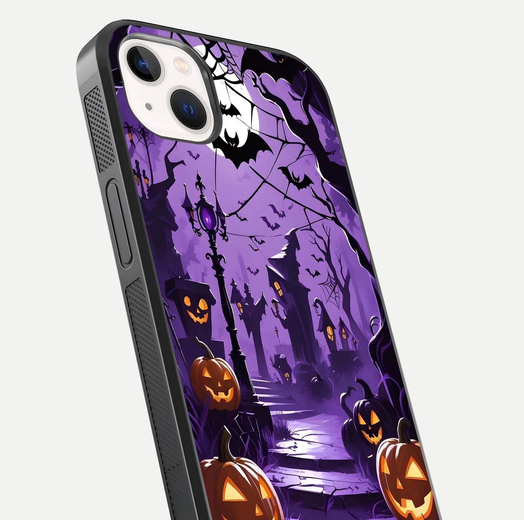Pumpkin Patch Halloween Glass Case for iPhone 14 Plus close-up angled shot highlighting pumpkin texture and shine