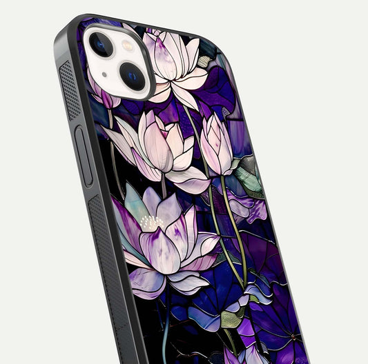 Purple Lotus Pattern Glass Case for iPhone 14 Plus close-up angled shot showing petal texture and HD reflection