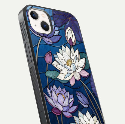 Purple Lotus Stained Glass Case for iPhone 14 Plus close-up angled shot highlighting glass pattern and reflection