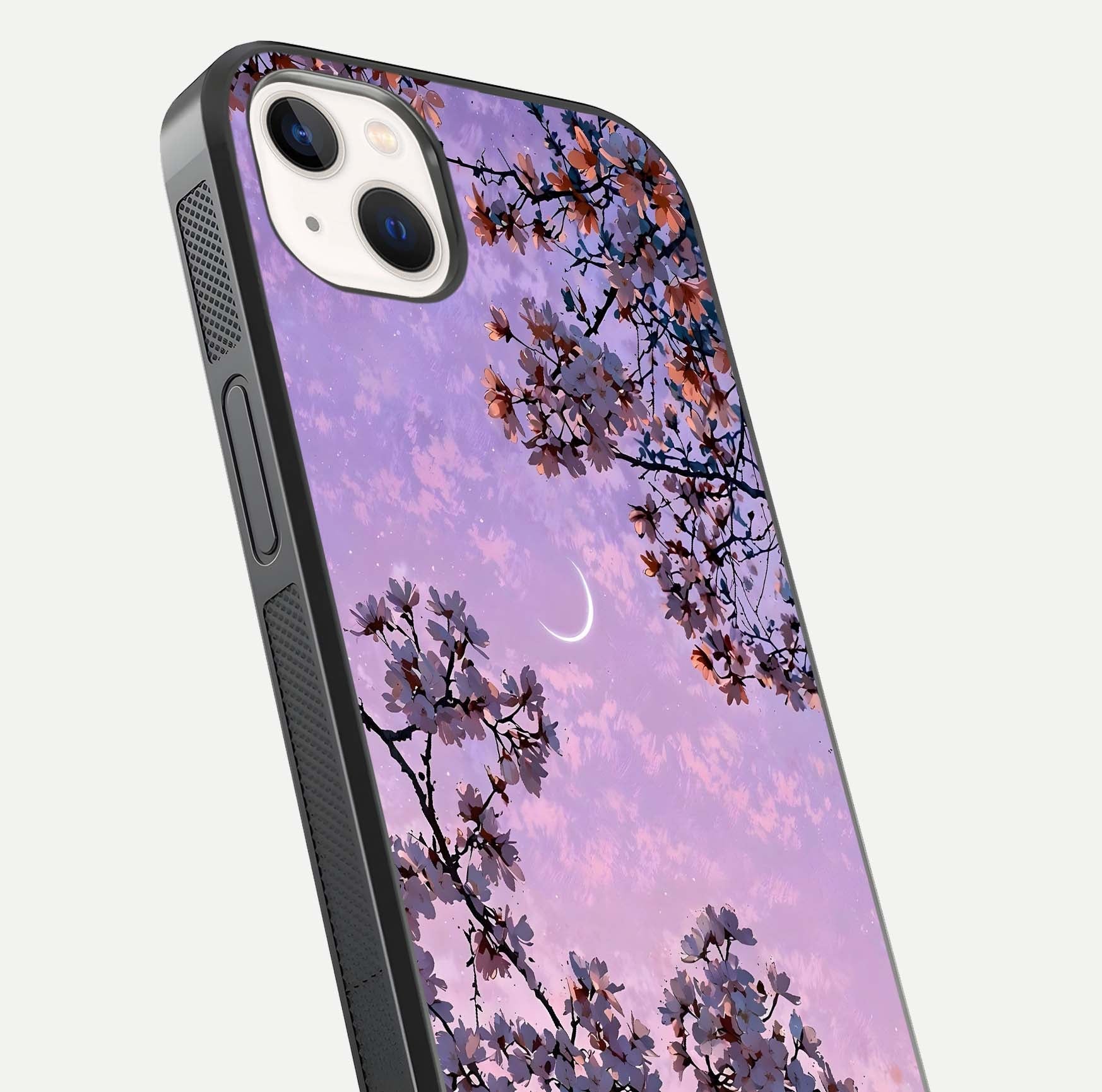 Purple Serenity Moon Glass Case for iPhone 14 Plus close-up angled shot showing reflection and gradient purple hues