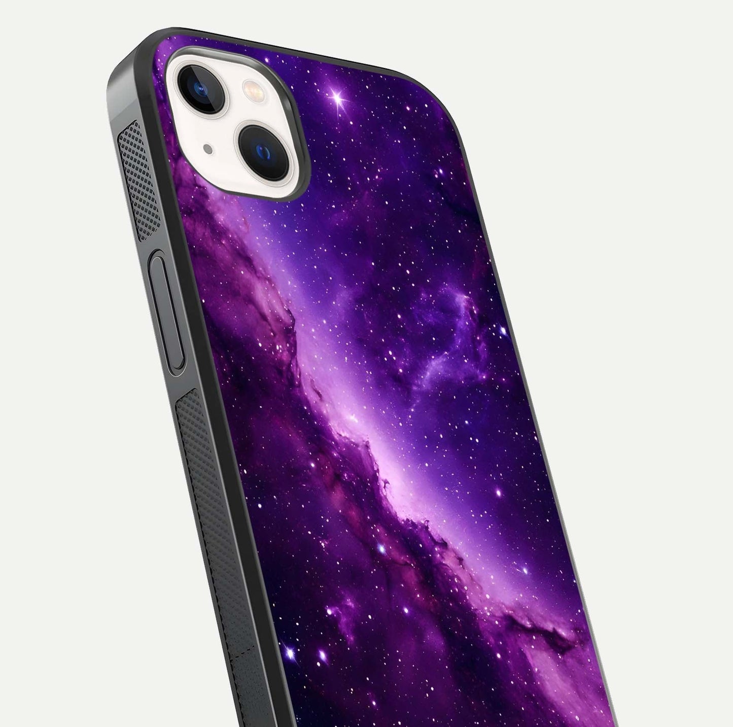 Purple Shade Sky Glass Case for iPhone 14 Plus close-up angled shot highlighting color gradient and reflection
