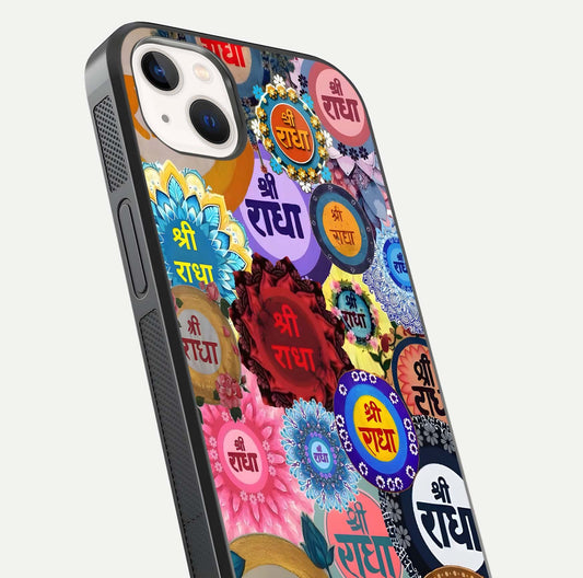 Radha Divine Bloom Glass Case for iPhone 14 Plus close-up angled shot highlighting divine detailing and shine