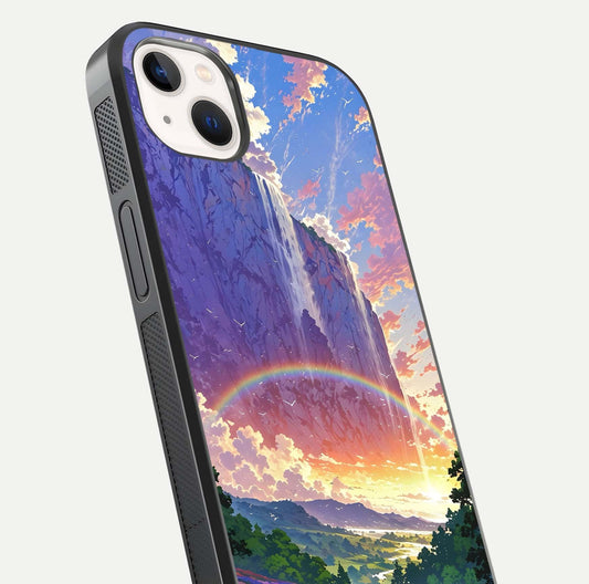Rainbow Valley Dream Glass Case for iPhone 16 Pro close-up angled shot highlighting gradient tones and HD shine