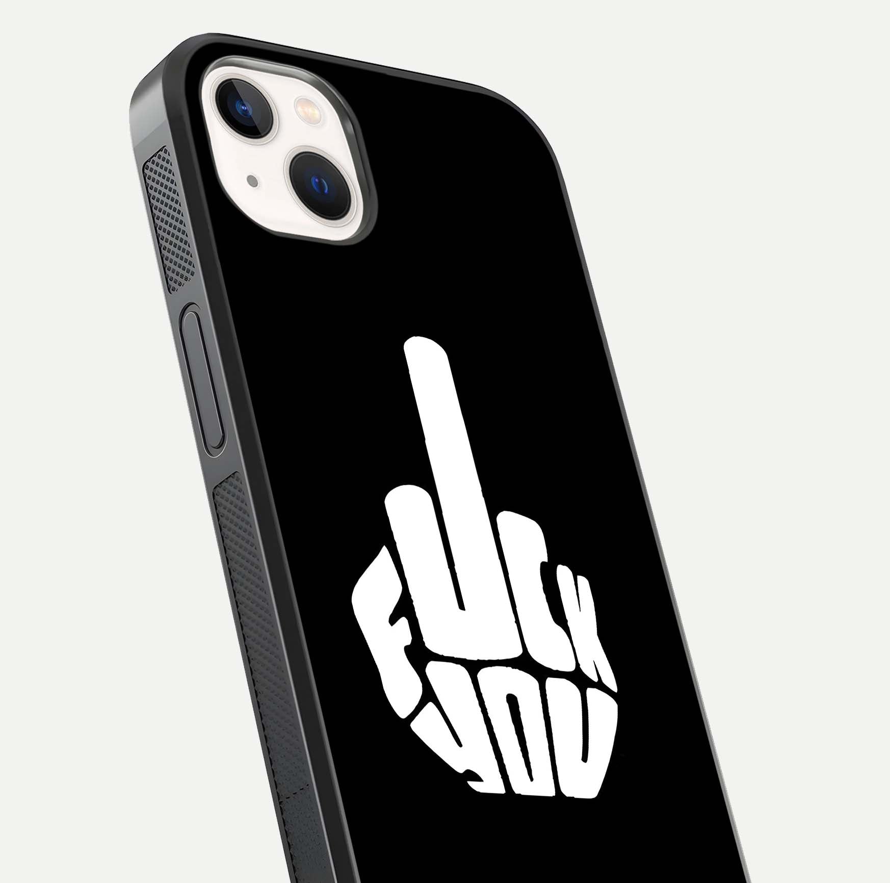 Rebel Mode On Glass Case for iPhone 14 Plus close-up angled shot highlighting reflective text and sharp design