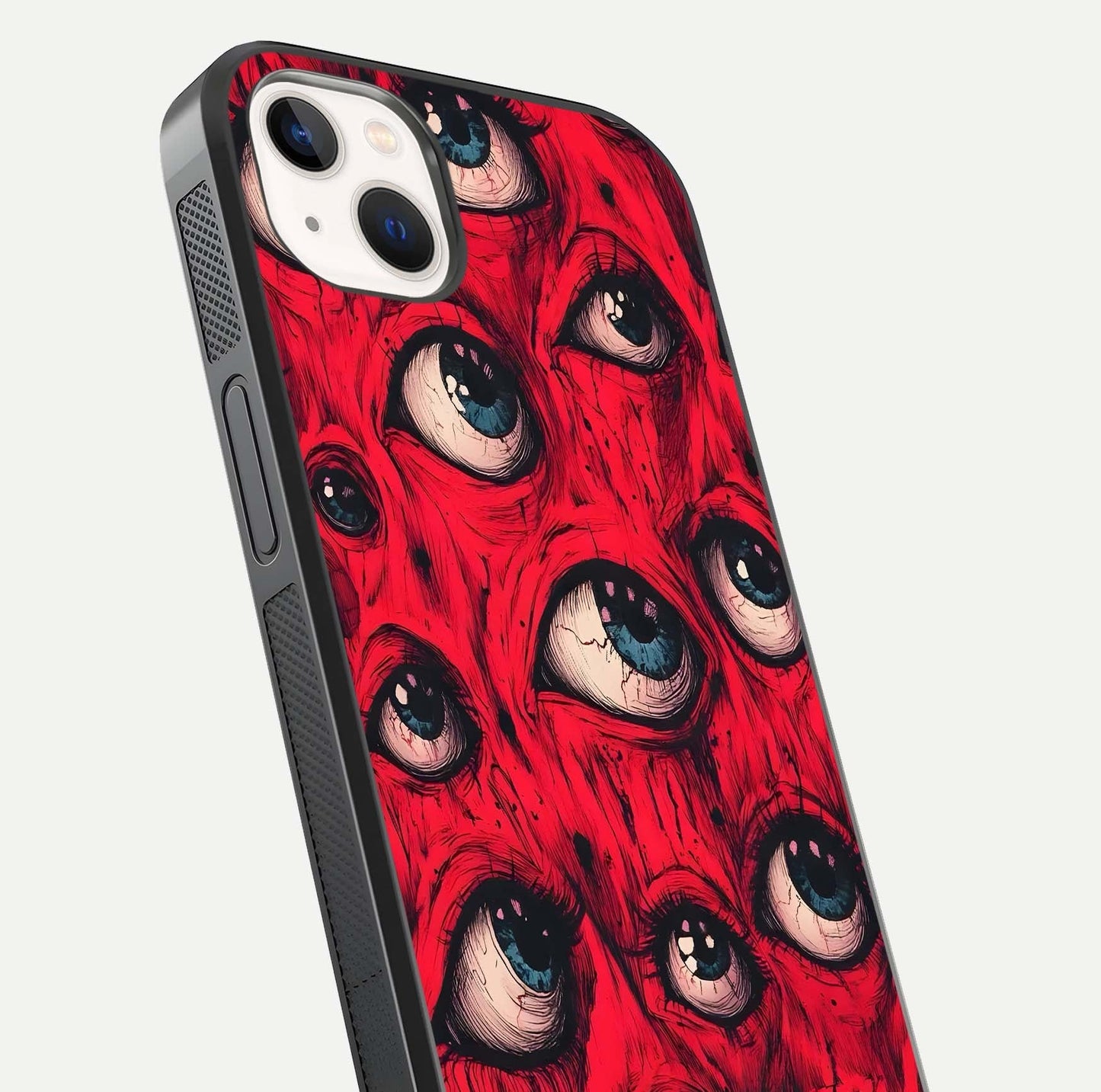 Red Eyes Pattern Glass Case for iPhone 14 Plus close-up angled shot highlighting vivid contrast and HD shine